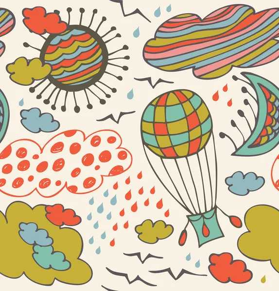 Seamless decorative pattern with clouds, overcasts, sun, moon, birds and balloon. Background with drawn elements of sky