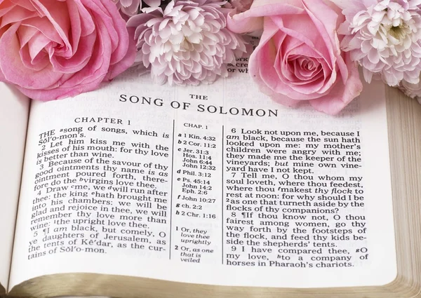 Holy Bible opened on Song of Solomon and flowers.