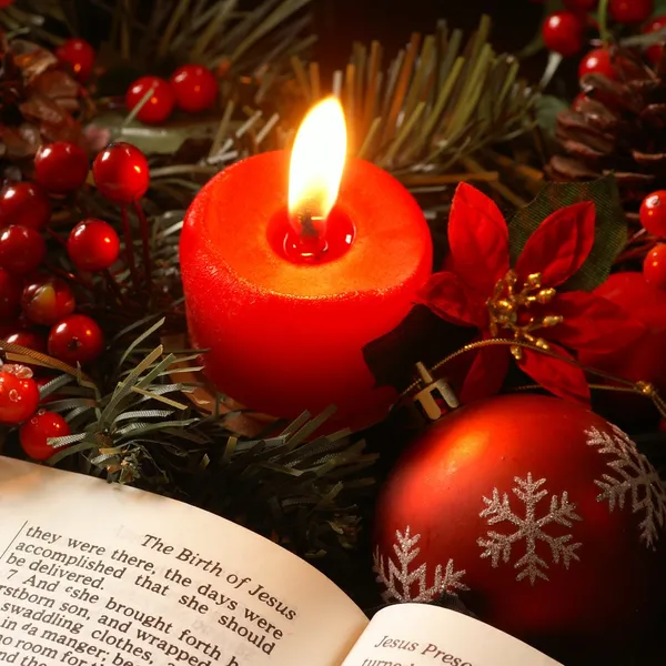 Open Bible and Christmas decorations