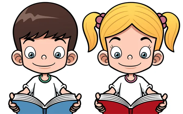 Niño y niña leyendo un libro de dibujos animados — Vector stock ...