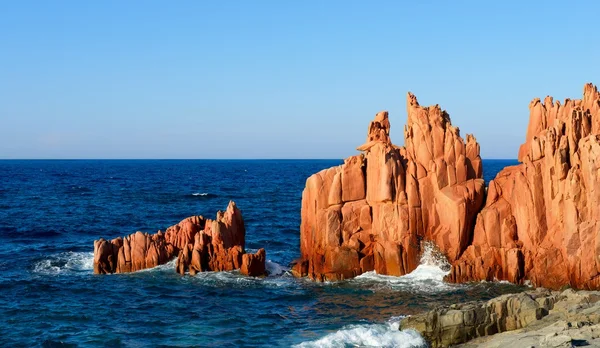 Arbatax with the known red porphyry rocks nearby the port at the Capo Bellavista, Sardinia, Italy, Europe, fragment of Red rocks of Arbatax, Sardinia, Arbatax with known red rocks, Red Rock fragment,