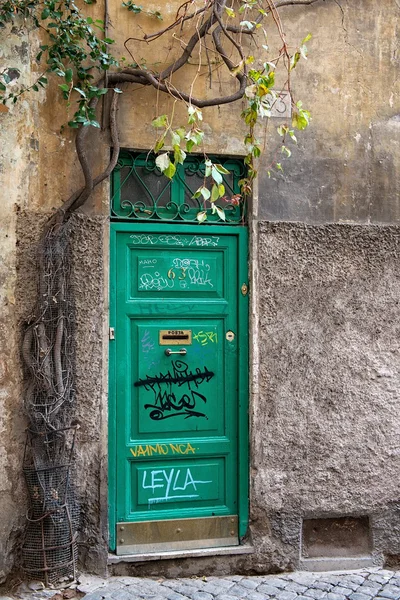 A weathered green door of Rome, Italy, Europe. Old wooden door with various writings in Italy, a green wood old door in the centre of Rome, Italy. Old door.