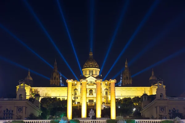 PLAZA ESPANA, BARCELONA - DEC 31: Plaza Espana view with illuminate Art Museum fragment on night time in Barcelona city in Spain on last day of 2013 year, december 31, 2013