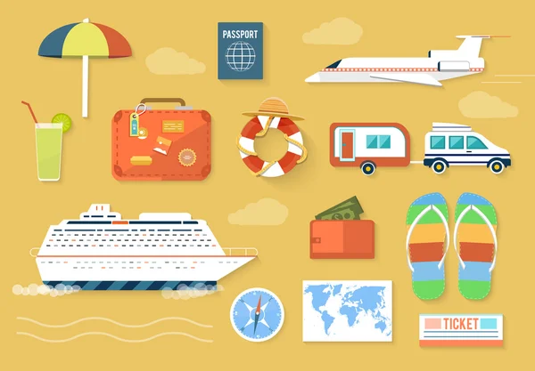 Icons set of traveling and planning a summer vacation