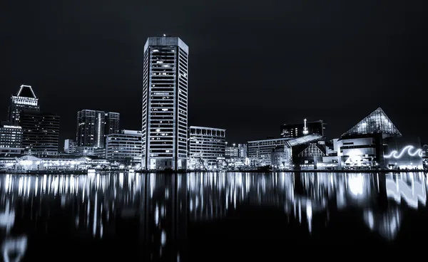 Black and white image of the Baltimore Inner Harbor Skyline at n