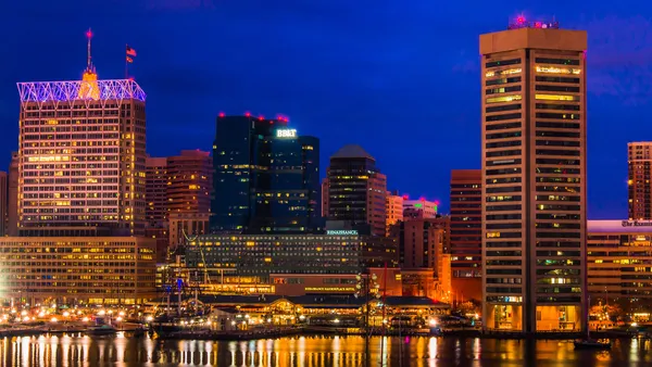 view of the baltimore inner harbor and skyline during twilight f