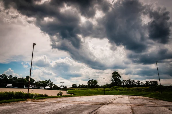 Dark stormy sky over an old parking lot in York County, Pennsylv