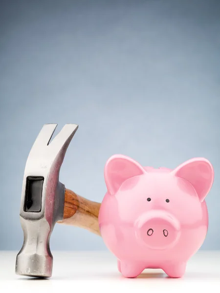Front View of a Piggy Bank and Hammer