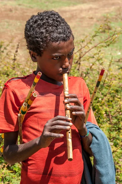 Boy playing the whistle .