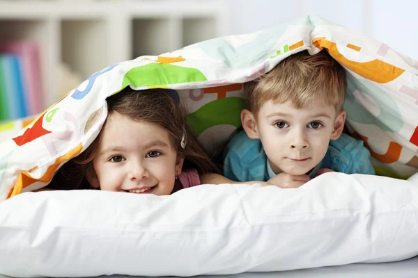 Cheerful brother and sister under blanket