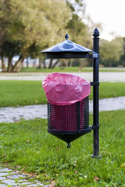 Trash basket with pink plastic bag.