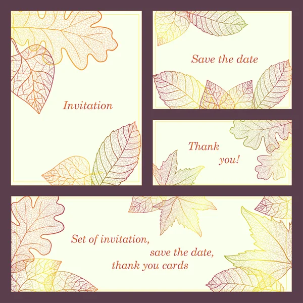 Invitation, thank you card, save the date cards with colored autumn leaves. Doodle brochure beauty template card with your text for background, backdrop, gift, invitation, banner, design element.