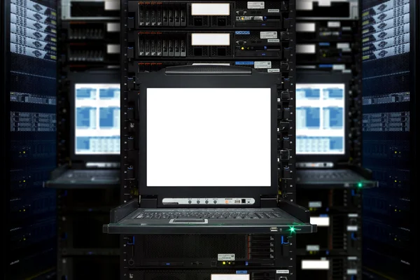 Blank server computer screen in modern interior data Center, server room