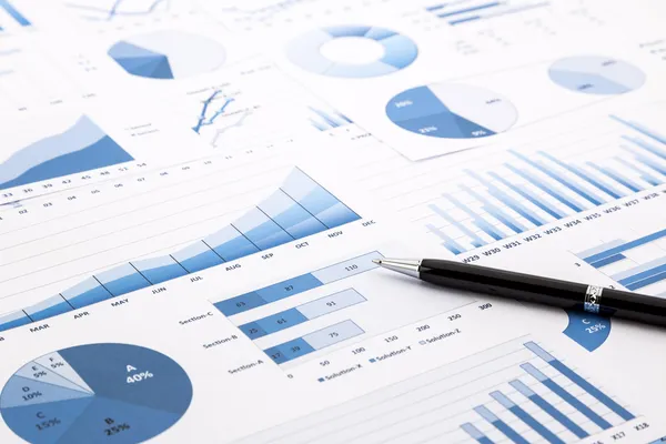 Blue charts, graphs, data and reports