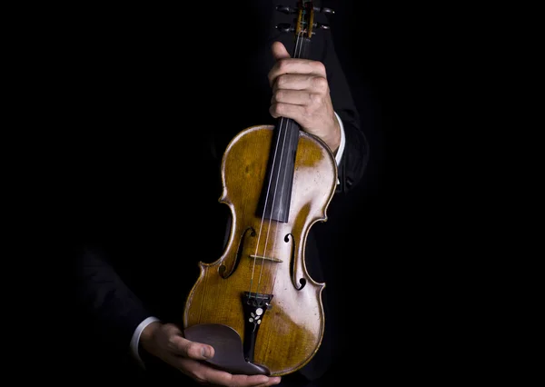 Beautiful male hands holding a beautiful polished violin in darkness