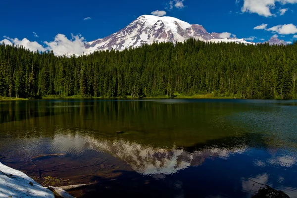 Beautiful Reflection of Snow Capped Mount Rainier with Clear Blue Skies, Green Pine Trees, and Crisp Mountain Air.