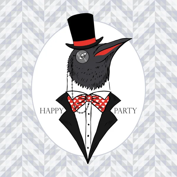 Hand Drawn Vector Portrait of Penguin in Tall Hat, Tuxedo and Monocle