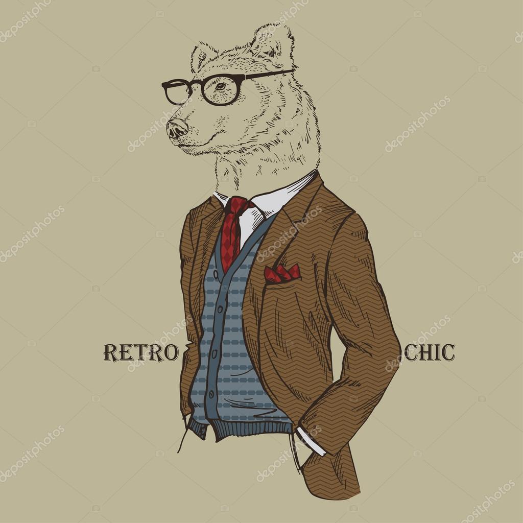Mode illustratie van beer gekleed in vintage stijl — stockvector ... Mode illustraties