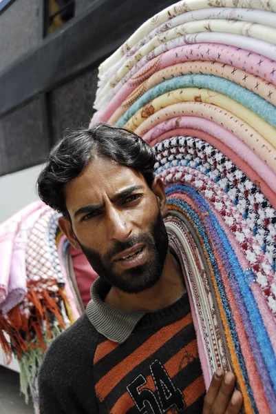 Street vendor sells brightly colored fabrics on a Srinagar - Jammu road, India.