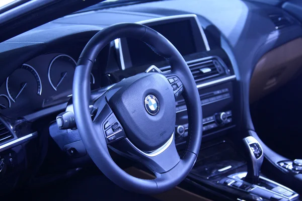 BMW motor steering wheel in a car sales shop