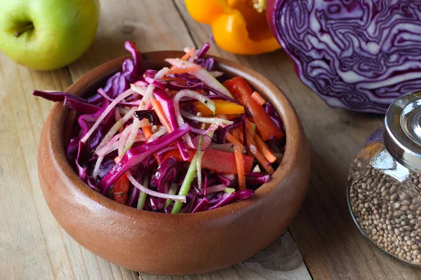 Fresh red cabbage salad with bell peppers, radish, coriander and apple
