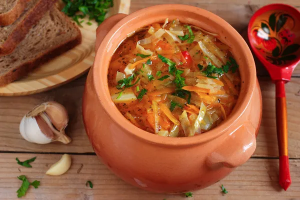 Traditional Russian vegetarian cabbage soup - schi