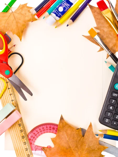 Back to school concept , Photo of Items for school student gear over cardboard background and autumn maple leaves