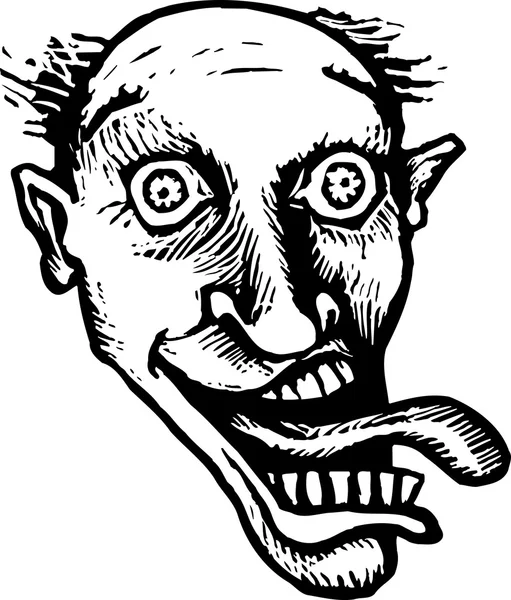 Woodcut Illustration of Crazy Maniacal Man with Tongue Out Face