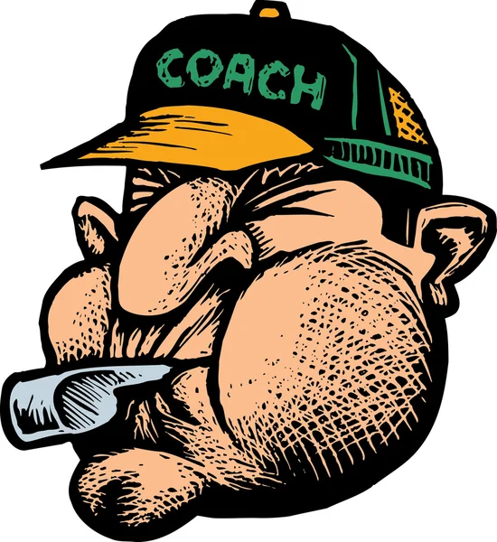 Woodcut Illustration of Sports Coach Blowing Whistle Face