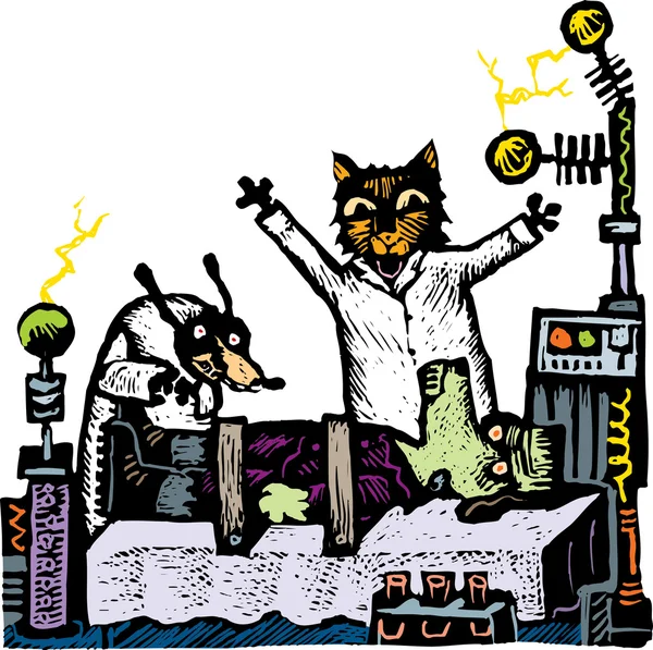 Woodcut Illustration of Cat and Dog Scientists Creating Frankendog