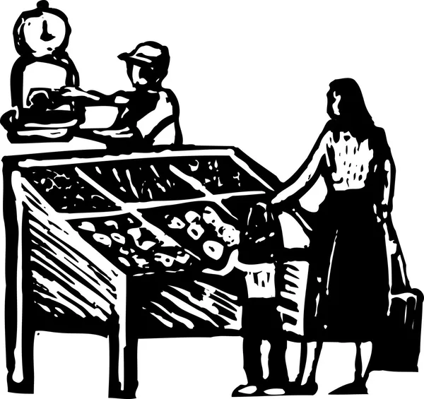 Woodcut illustration of Produce Stand