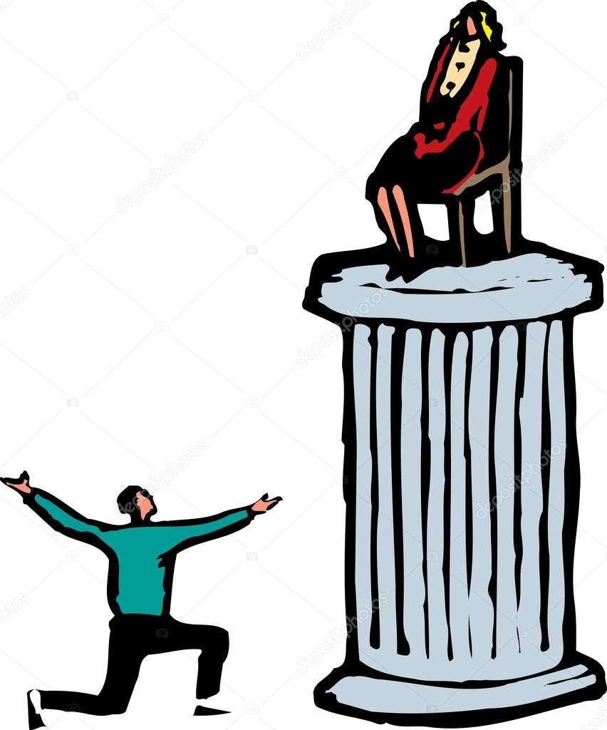Woodcut Illustration of Man Worshipping Woman on Pedestal — Stock