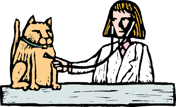 Woodcut Illustration of Vet Giving Cat a Checkup