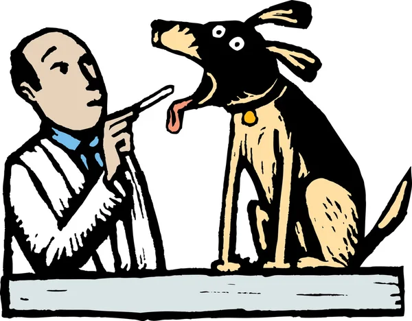 Woodcut Illustration of Vet Giving Dog a Checkup
