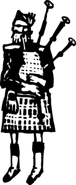 Woodcut Illustration of Scottish Man in Kilt Playing Bagpipe
