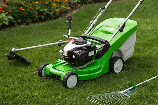 Green lawnmower, weed trimmer, rake and secateurs in the garden