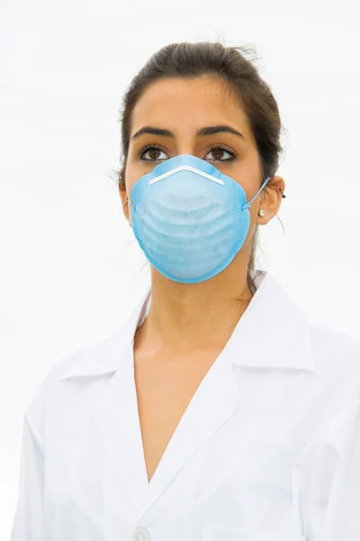 Woman with blue face mask