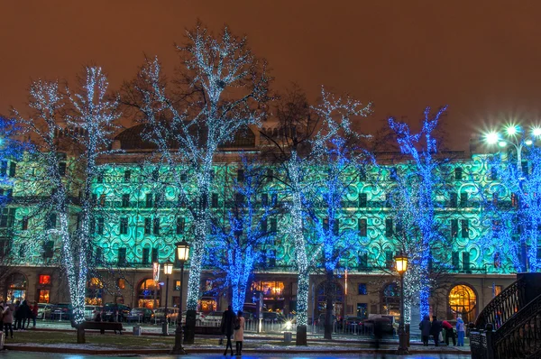 Illuminated trees on the street in Moscow