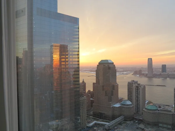 New York City Sunset Showing Winter Garden and Looking Out Towards Jersey City, New Jersey