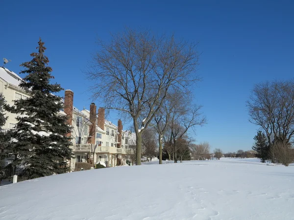 Hoffman Estates Illinois Town Homes with Snow along Moon Lake Boulevard with clear blue sky after storm