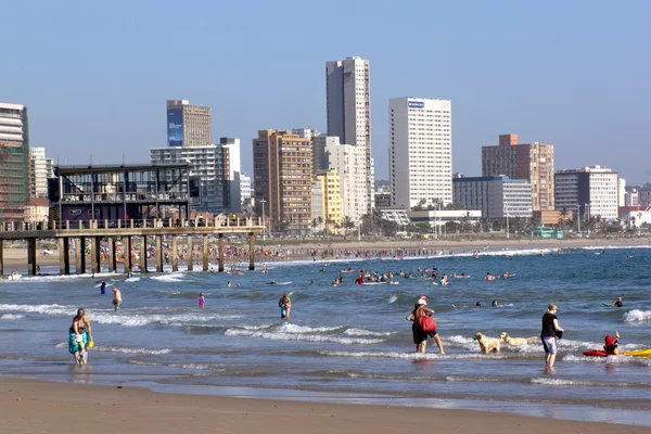 Swimmers and Sun Worshipers on Sunny Beach in Durban South Afric