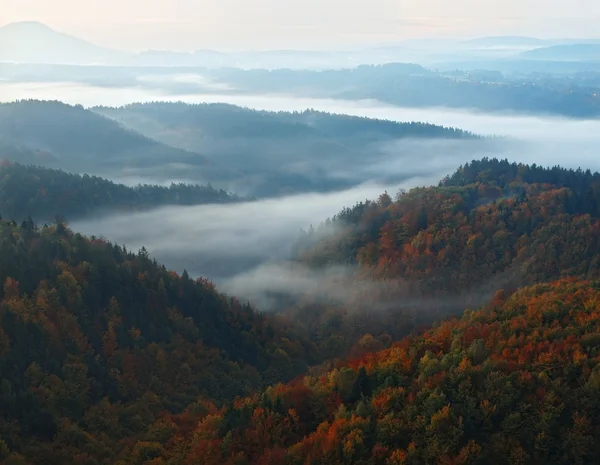 Unrise in a beautiful mountain of Bohemian-Saxony Switzerland. Sandstone peaks and hills increased from foggy background, the fog is orange due to sun rays.