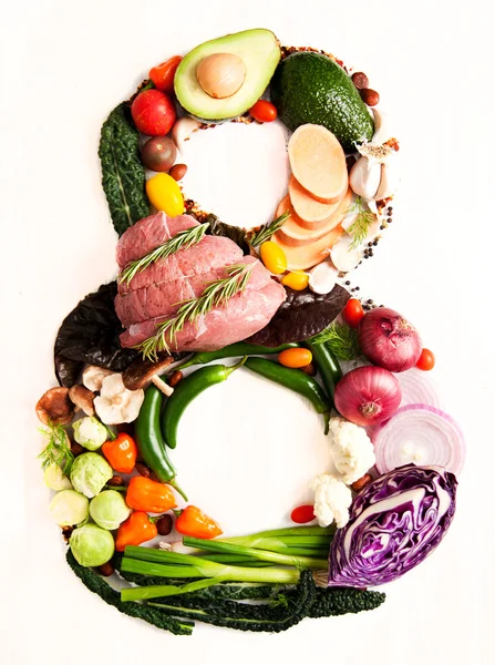 Healthy Vegetables, Meats, Fruit and Fish Shaped in Number Eight 8