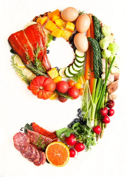 Healthy Vegetables, Meats, Fruit and Fish Shaped in Number Nine 9