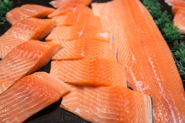 Salmon fillet on food stall