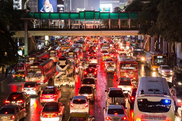 Bad traffic on rainy night at Central World, Bangkok