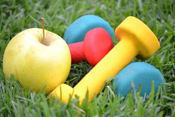 Weights and apple on grass