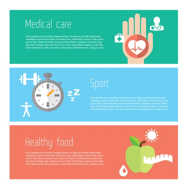 Healthy lifestyle flat stylish illustration banners set. Medicine and health care, food and sport theme. Modern colors.