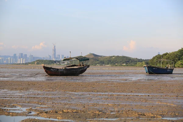 Mud road on the beach after tidal wave back in the city of china , hong kong