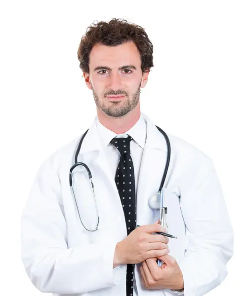 Doctor with clipboard and pen in hand